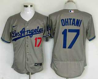 Mens Los Angeles Dodgers #17 Shohei Ohtani Number Gray With Los Stitched Flex Base Nike Jersey